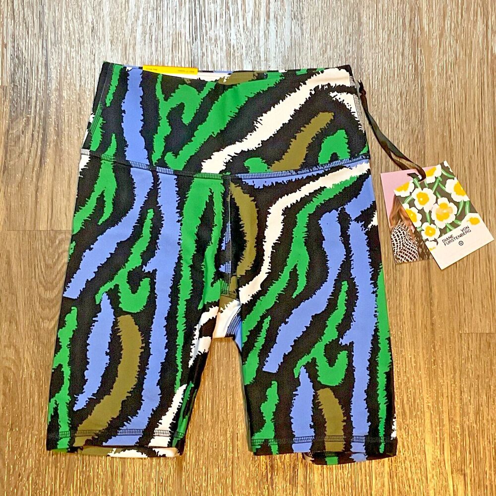 Diane Von Furstenberg DVF Target Disco Zebra Bike Shorts Green Blue Size XXS NWT